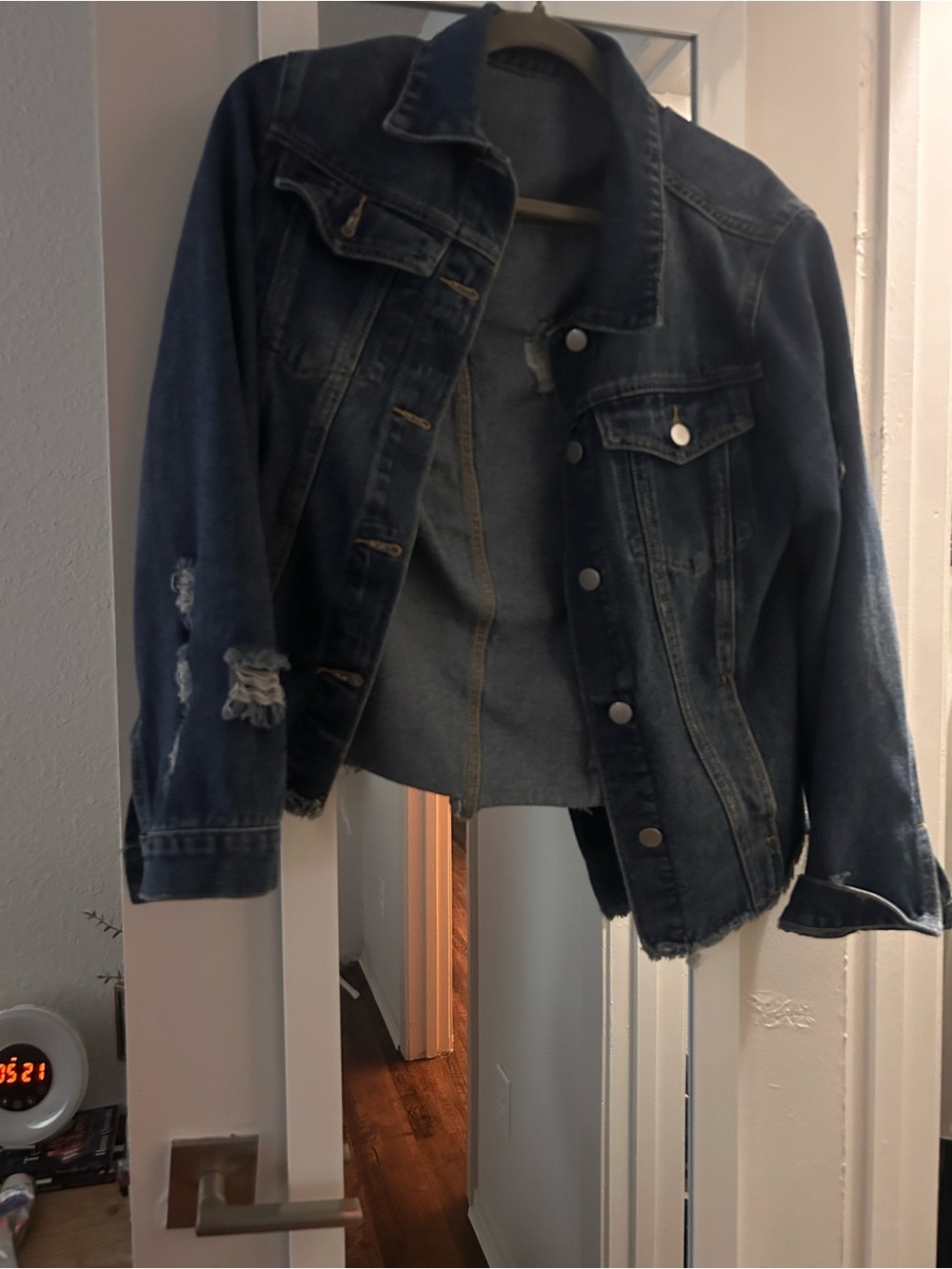 Women's Dark Blue Distressed Denim Jacket